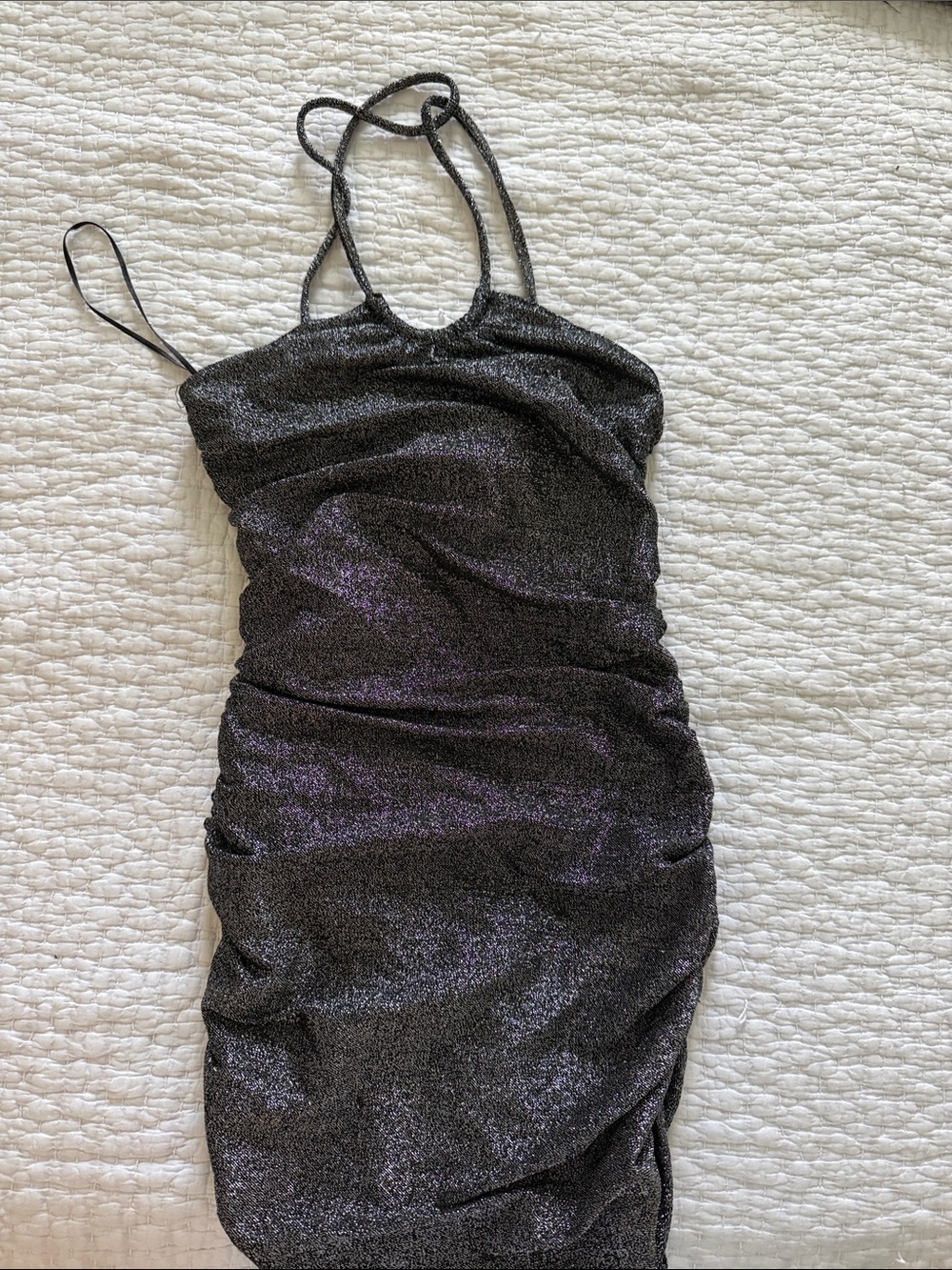 Silver Metallic Halter Bodycon Mini Dress in Black